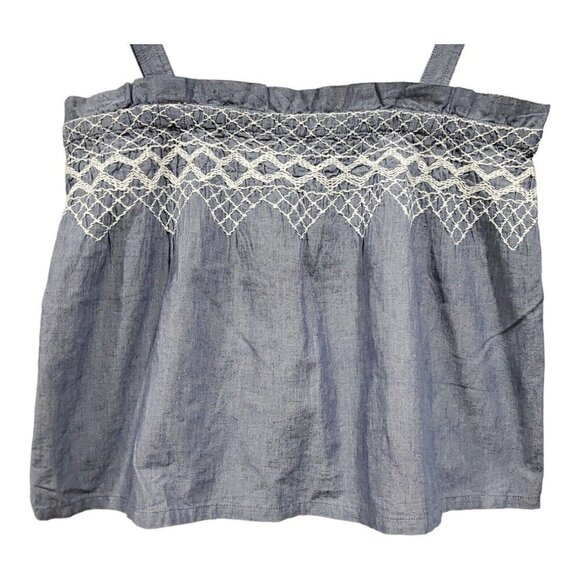 Current/Elliot Women's Chambray Smocked Embroidered Tank Top Blue White Sz 1, Sm - Picture 5 of 11
